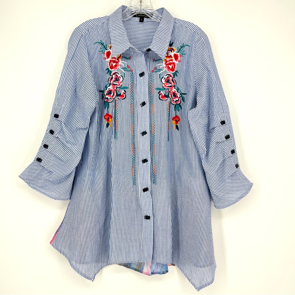 Calessa Embroidered Floral Striped Blouse Tunic Large Patchwork Back Colorful